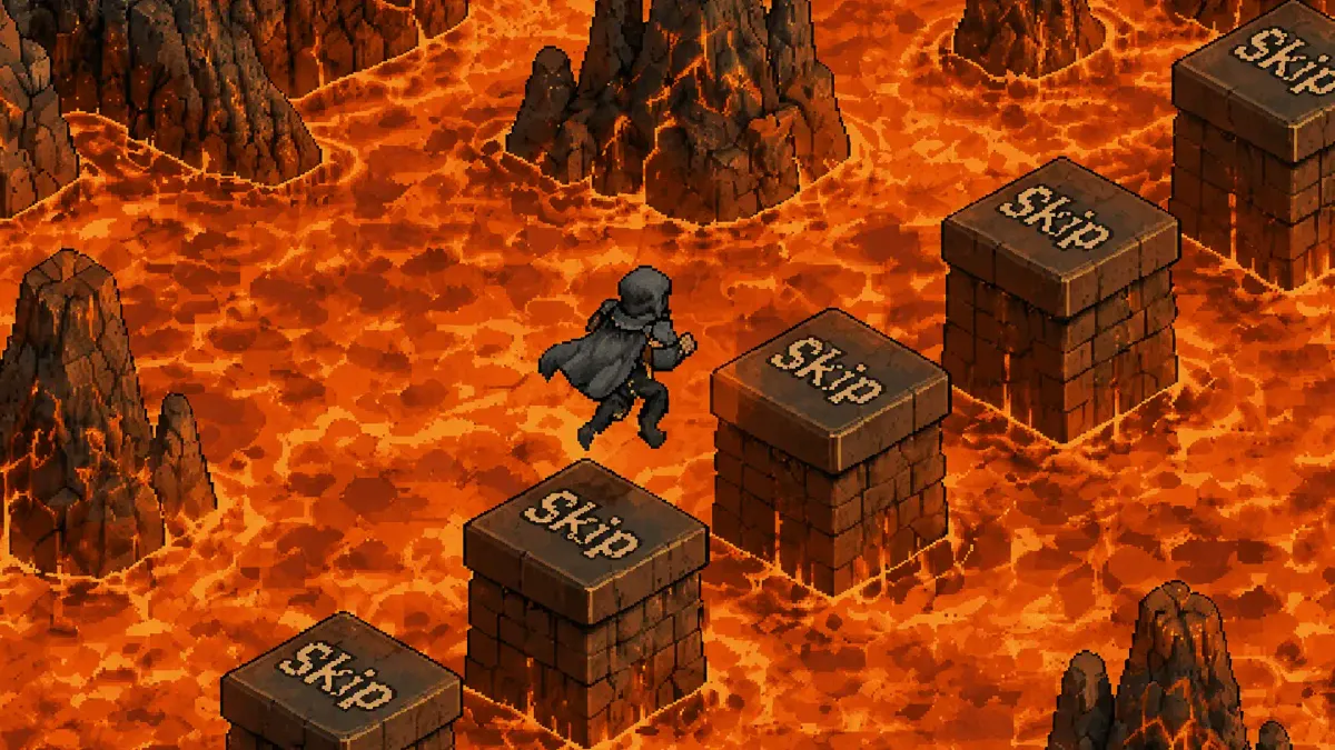 Pixel-art figure jumping across “Skip” buttons on stone pillars above a vast lava field.