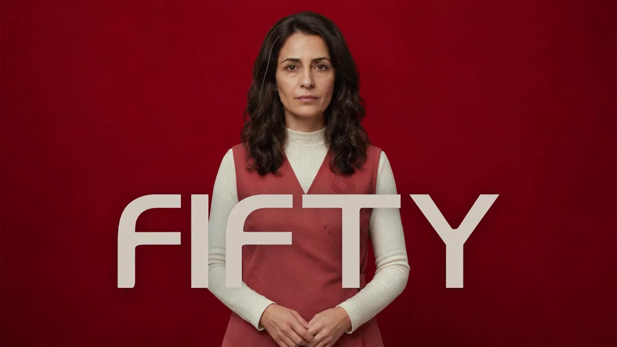 FIFTY film poster featuring a woman in red against a dark red background.