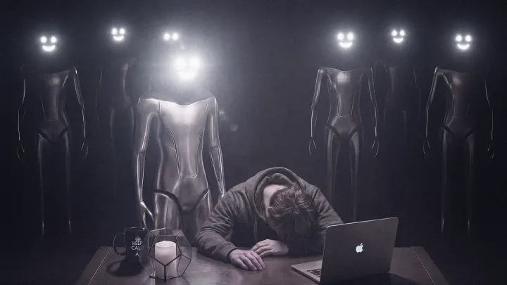 A person slumped on a desk next to a laptop, surrounded by humanoid robots with glowing, smiling faces.