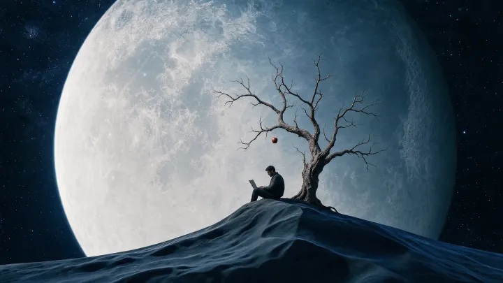 Man using a laptop beneath a bare tree and hanging apple, silhouetted against an enormous moon