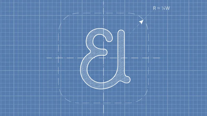 Blueprint of a white "El" rounded-corner icon with a measurement for the corner radius labeled “R ≈ ¼W”.
