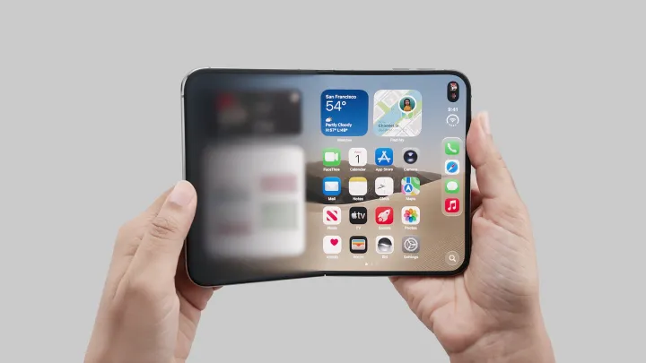 Hands holding an iPhone Duo, with the left portion of the flexible display blurred mid-transition.